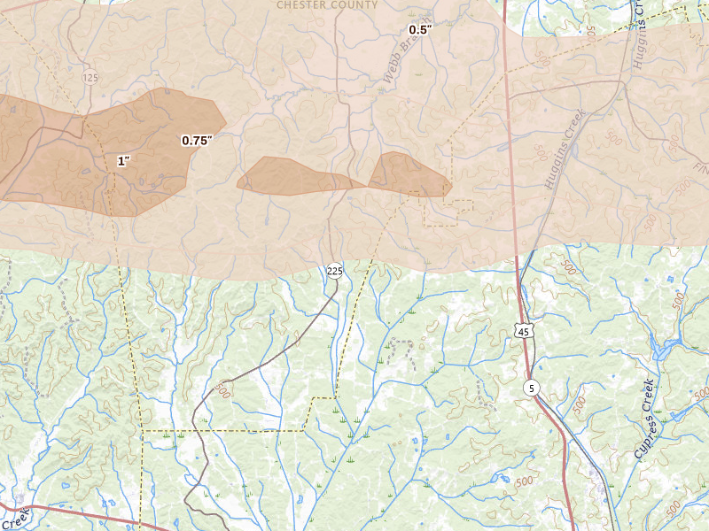 Radar-estimated hail-size map of the storm over Bethel Springs, TN on Apr 27, 2026