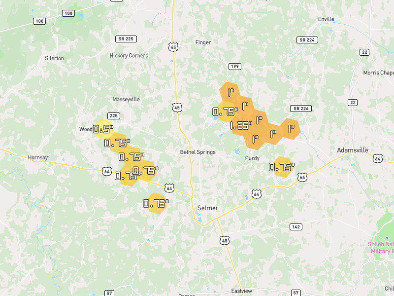 Hail map of Bethel Springs, TN on Jul 1, 2026, hail up to 1.25"