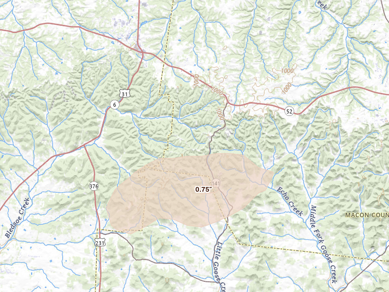 Radar-estimated hail-size map of the storm over Bethpage, TN on Jun 27, 2026