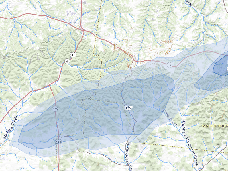 NEXRAD radar-signature map of the hail storm over Bethpage, TN on Jun 27, 2026
