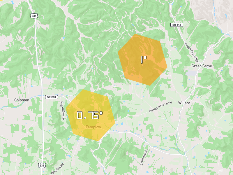 Hail map of Bethpage, TN on Jul 3, 2026, hail up to 1"