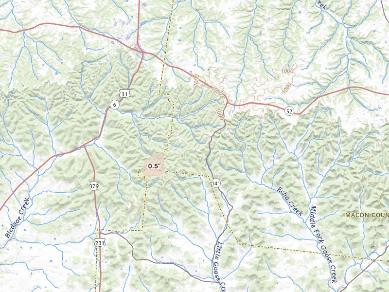 Radar-estimated hail-size map of the storm over Bethpage, TN on Jul 4, 2026