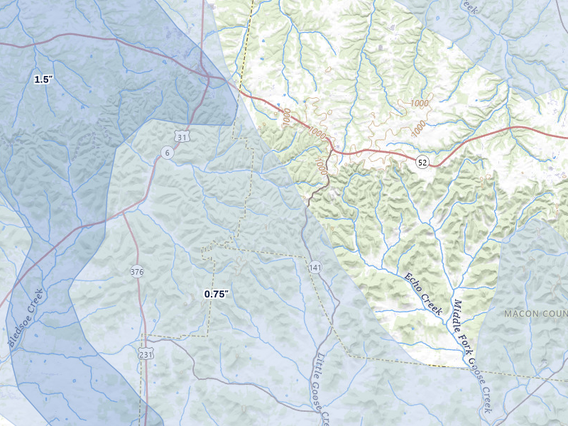 NEXRAD radar-signature map of the hail over Bethpage, TN