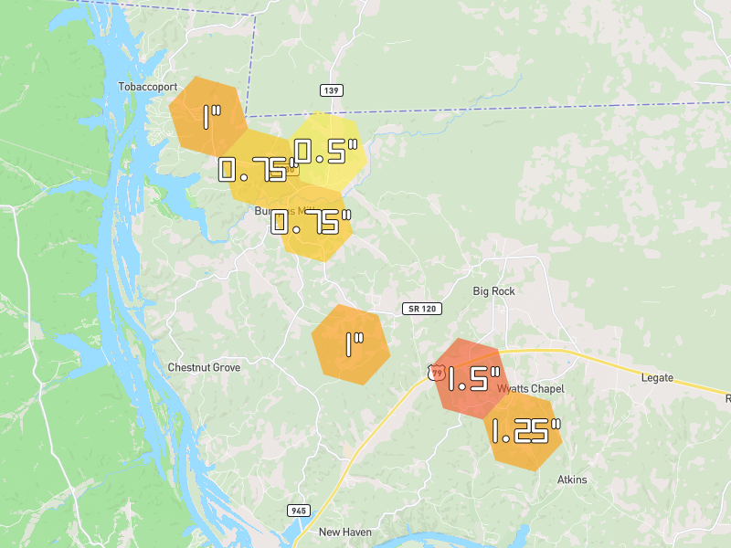 Hail map of Big Rock, TN on Jul 22, 2026, hail up to 1.5"