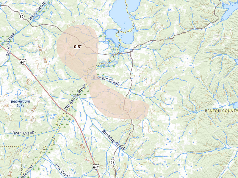 Radar-estimated hail-size map of the storm over Big Sandy, TN on Jun 9, 2026