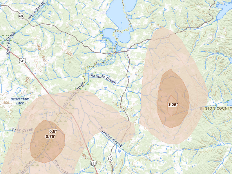 Radar-estimated hail-size map of the storm over Big Sandy, TN on Jul 2, 2026