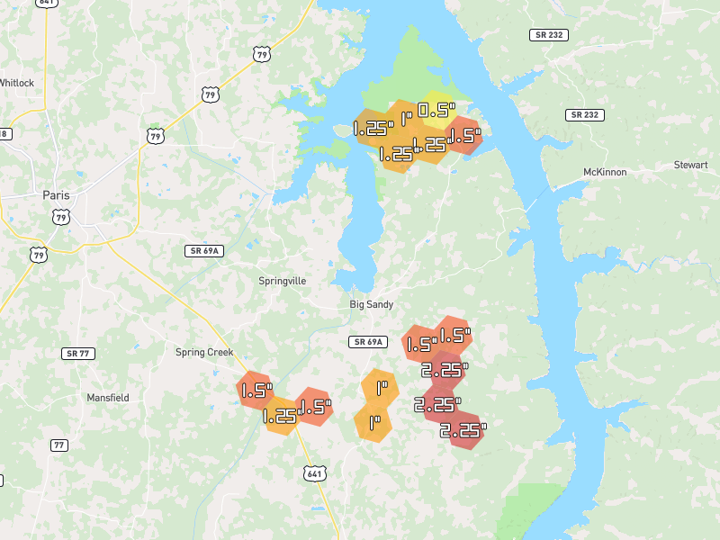 Hail map of Big Sandy, TN on Jul 2, 2026, hail up to 2.25"