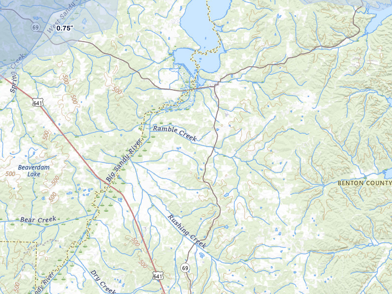 NEXRAD radar-signature map of the hail storm over Big Sandy, TN on Jul 5, 2026