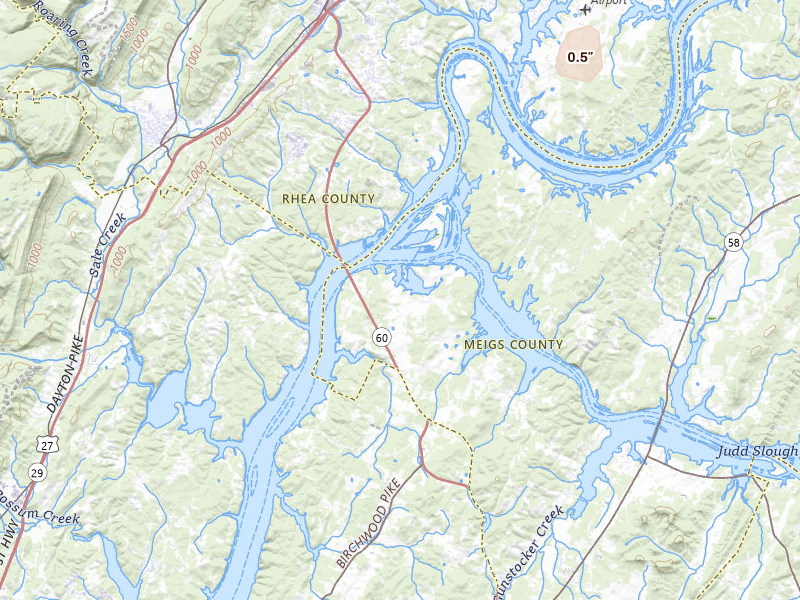 Radar-estimated hail-size map of the storm over Birchwood, TN on Apr 27, 2026