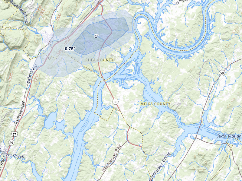 NEXRAD radar-signature map of the hail over Birchwood, TN