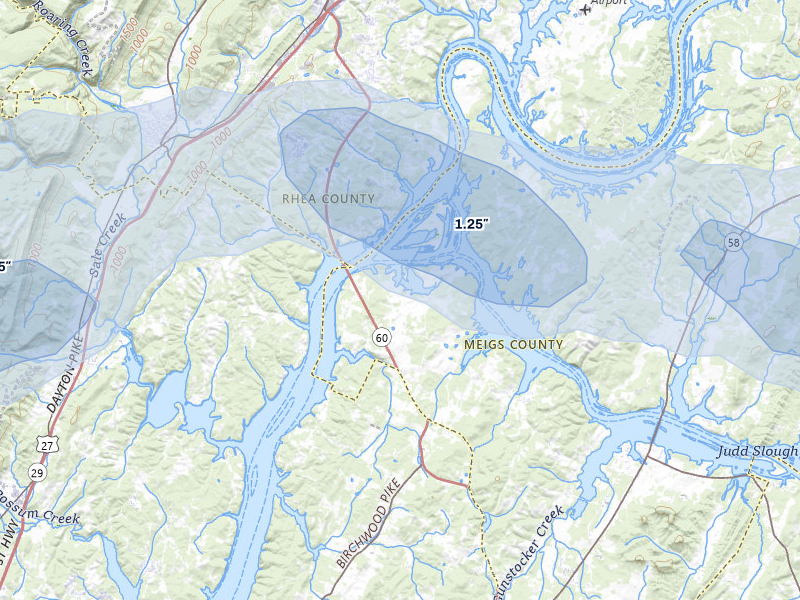 NEXRAD radar-signature map of the hail storm over Birchwood, TN on Jul 3, 2026