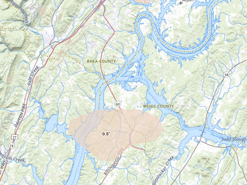Radar-estimated hail-size map of the storm over Birchwood, TN on Aug 11, 2026