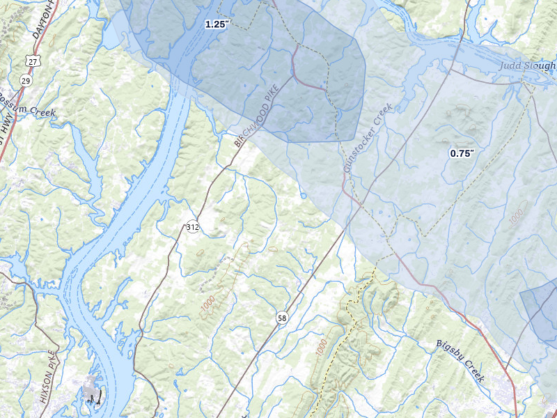 NEXRAD radar-signature map of the hail storm over Birchwood, TN on Aug 11, 2026