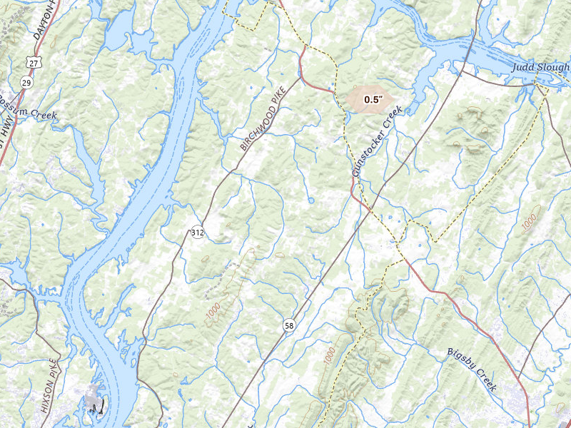Radar-estimated hail-size map of the storm over Birchwood, TN on Aug 17, 2026