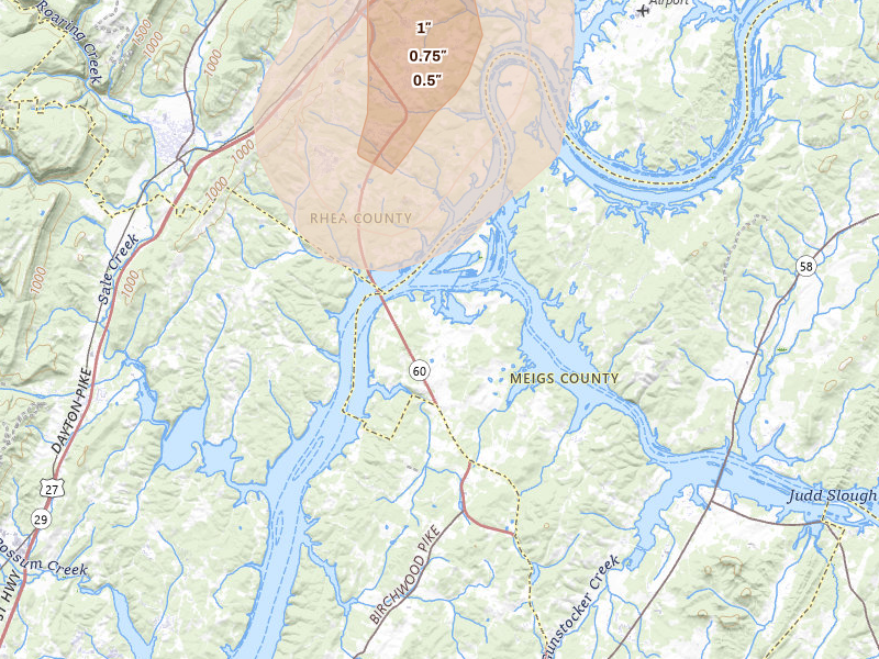 Radar-estimated hail-size map of the storm over Birchwood, TN