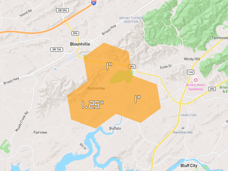Hail map of Blountville, TN on Jul 5, 2026, hail up to 1.25"