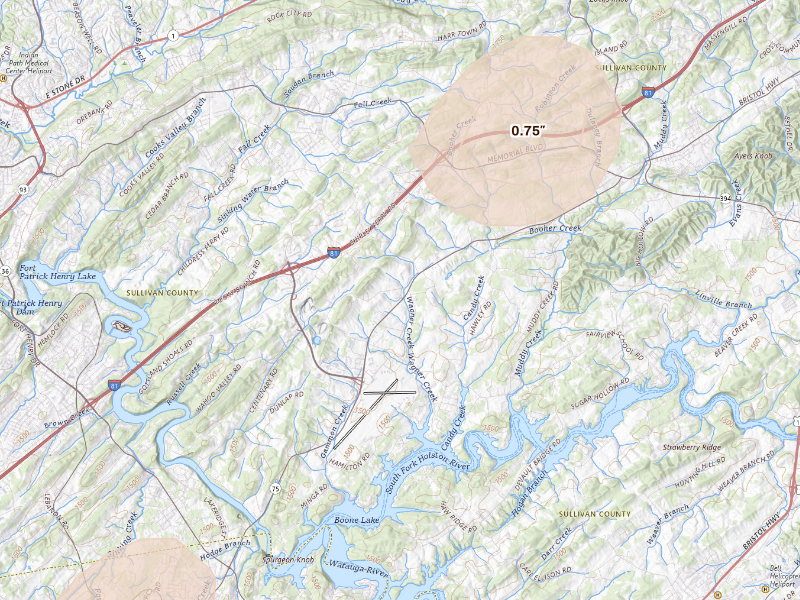 Radar-estimated hail-size map of the storm over Blountville, TN