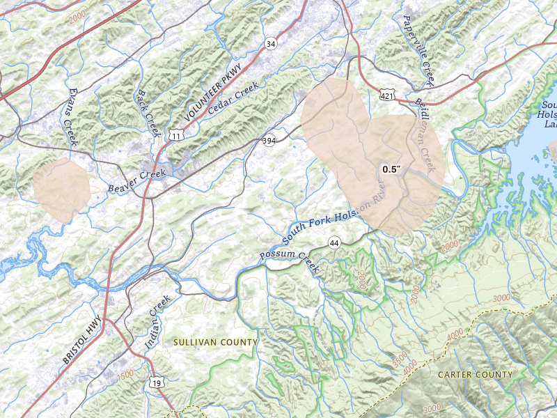 Radar-estimated hail-size map of the storm over Bluff City, TN on Jul 4, 2026