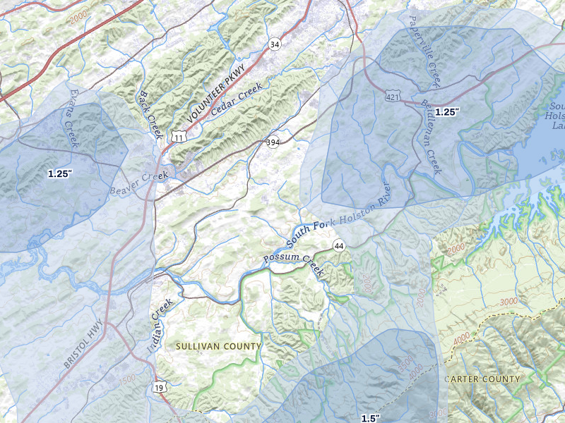 NEXRAD radar-signature map of the hail over Bluff City, TN