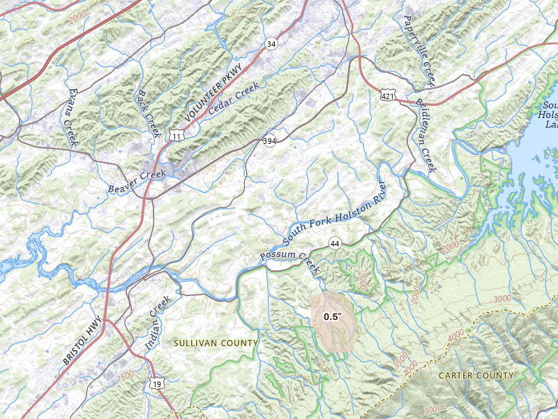 Radar-estimated hail-size map of the storm over Bluff City, TN on Aug 2, 2026