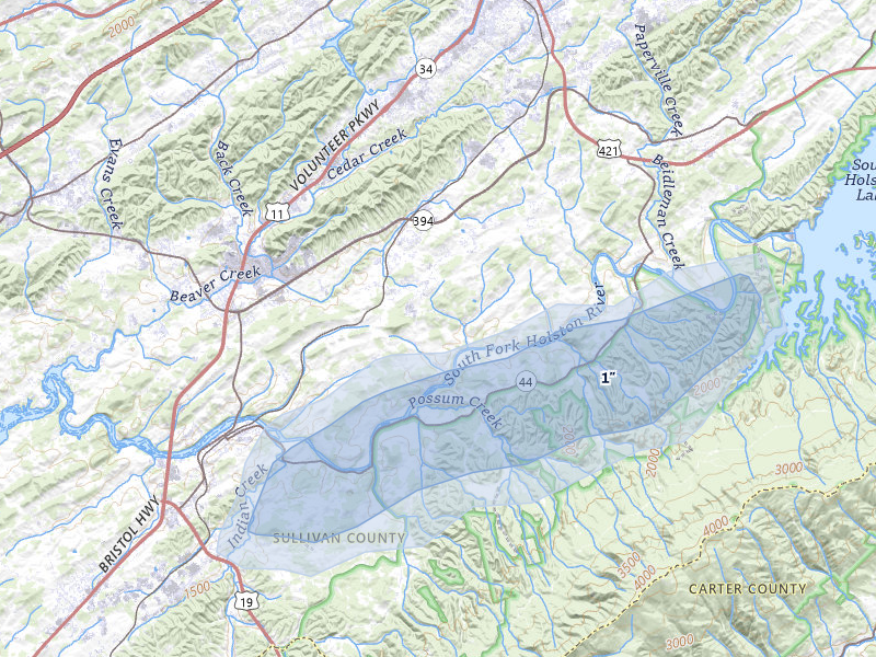 NEXRAD radar-signature map of the hail over Bluff City, TN