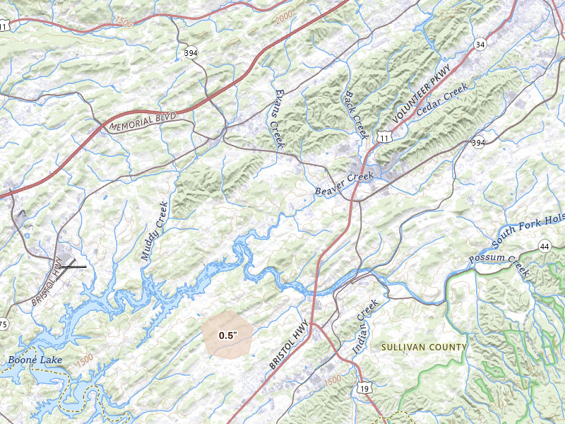 Radar-estimated hail-size map of the storm over Bluff City, TN on Aug 9, 2026