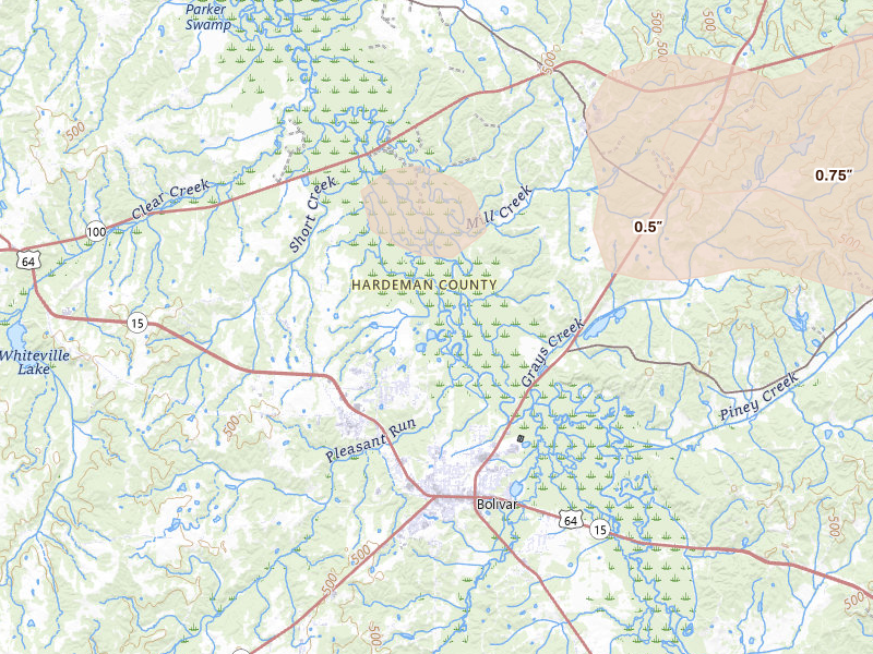 Radar-estimated hail-size map of the storm over Bolivar, TN on Apr 27, 2026