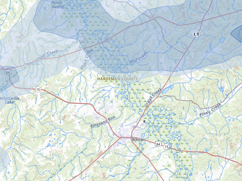 NEXRAD radar-signature map of the hail over Bolivar, TN