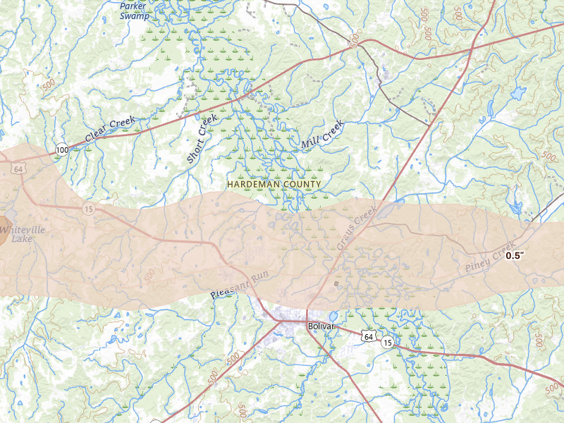 Radar-estimated hail-size map of the storm over Bolivar, TN on May 5, 2026