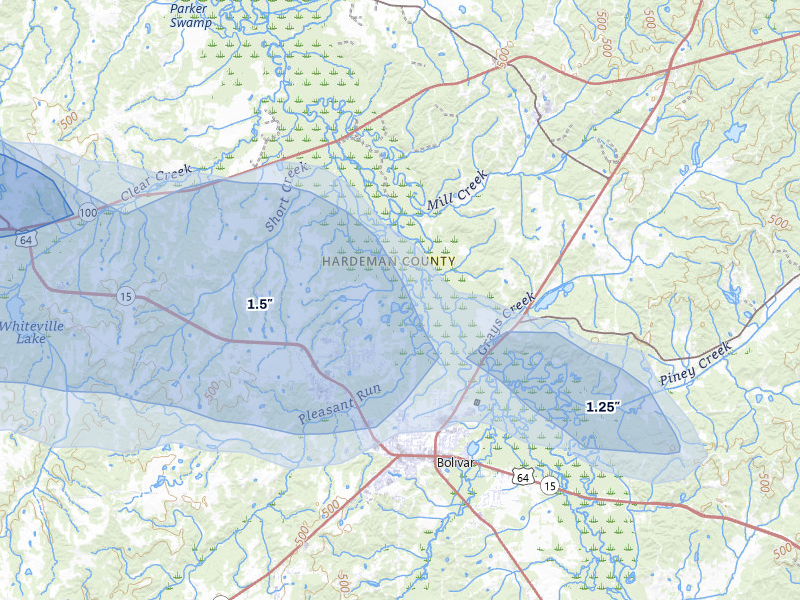 NEXRAD radar-signature map of the hail storm over Bolivar, TN on May 5, 2026