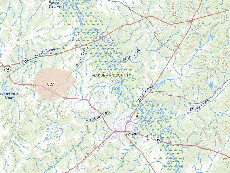 Radar-estimated hail-size map of the storm over Bolivar, TN on Jul 1, 2026