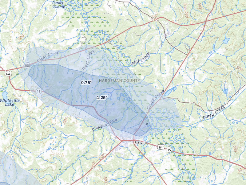 NEXRAD radar-signature map of the hail over Bolivar, TN