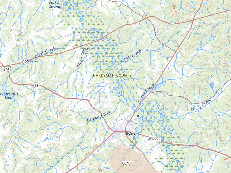 Radar-estimated hail-size map of the storm over Bolivar, TN on Jul 9, 2026