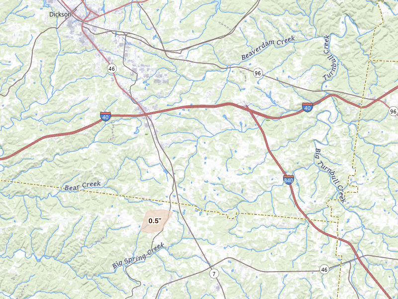 Radar-estimated hail-size map of the storm over Bon Aqua, TN on May 20, 2026