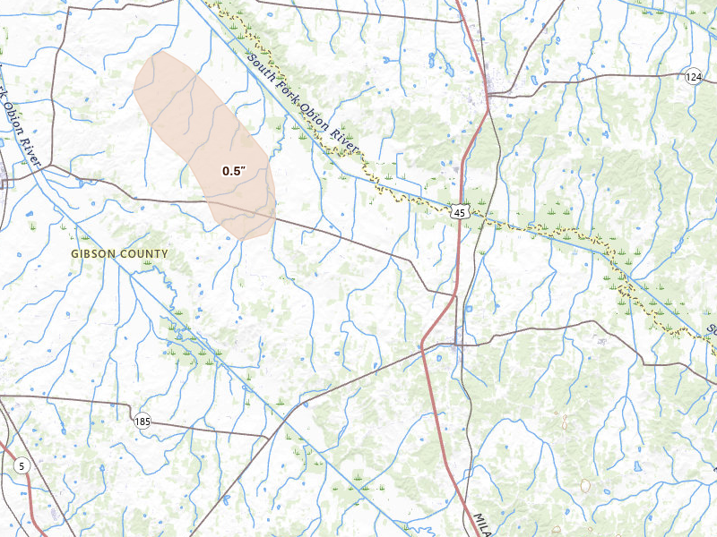 Radar-estimated hail-size map of the storm over Bradford, TN on Jul 9, 2026