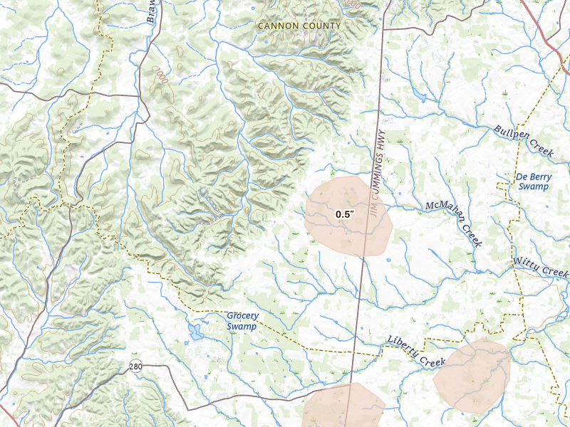 Radar-estimated hail-size map of the storm over Bradyville, TN on Jul 3, 2026