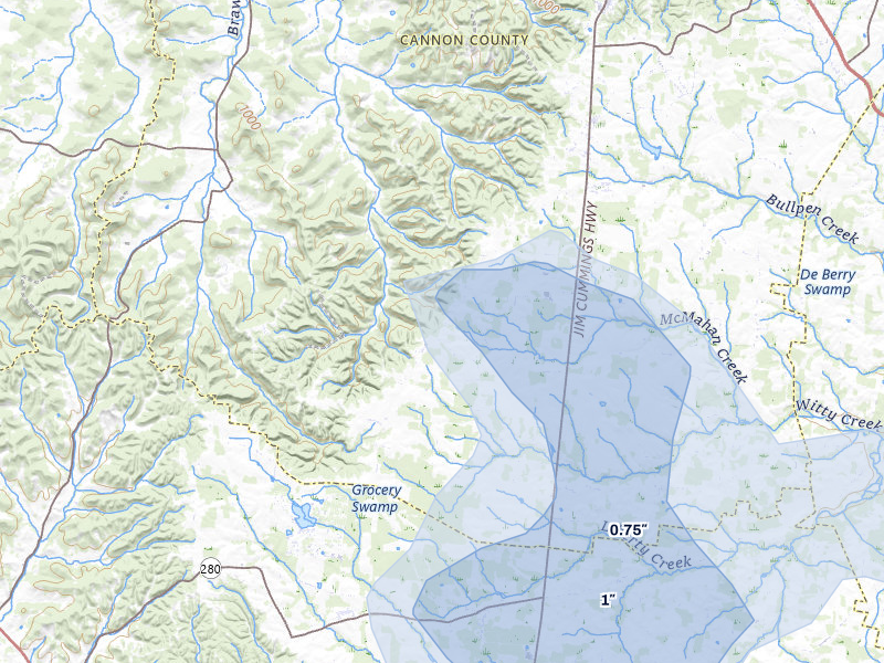 NEXRAD radar-signature map of the hail storm over Bradyville, TN on Jul 3, 2026