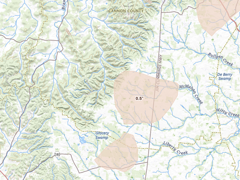 Radar-estimated hail-size map of the storm over Bradyville, TN on Jul 5, 2026