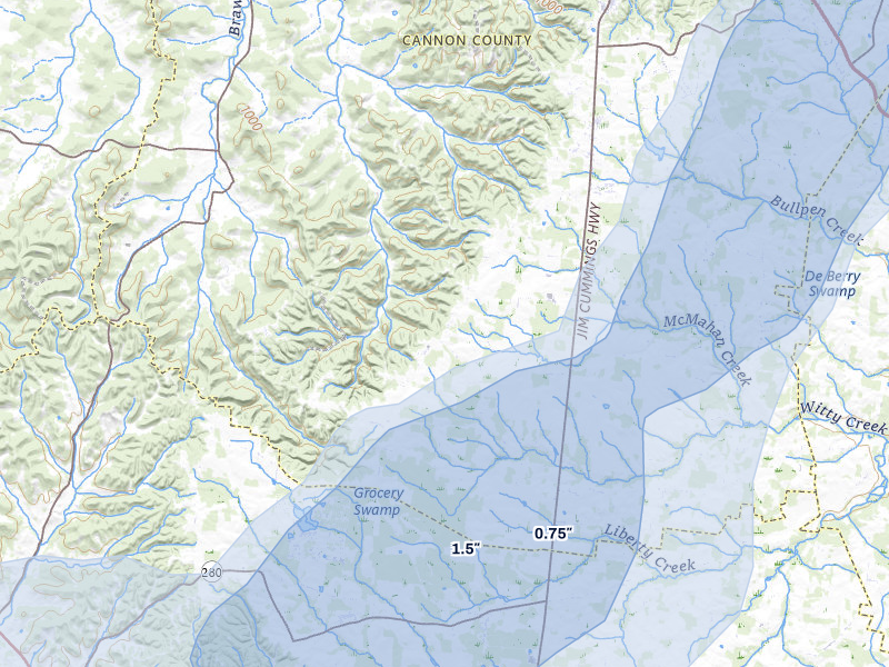 NEXRAD radar-signature map of the hail storm over Bradyville, TN on Jul 5, 2026