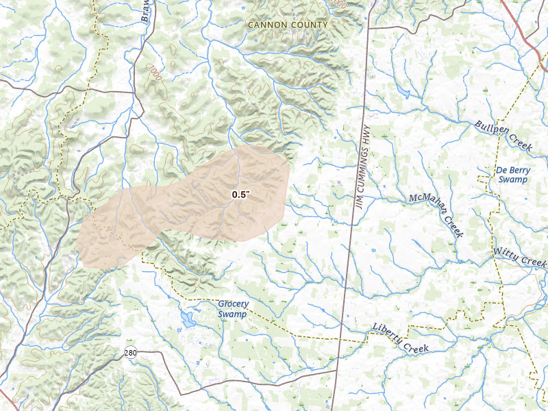 Radar-estimated hail-size map of the storm over Bradyville, TN on Jul 11, 2026