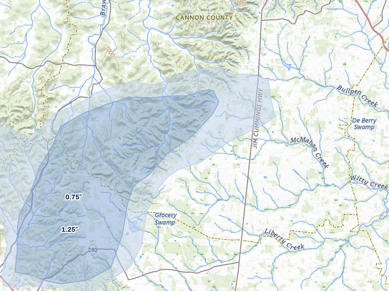 NEXRAD radar-signature map of the hail storm over Bradyville, TN on Jul 11, 2026