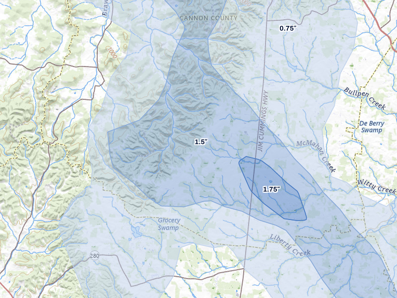 NEXRAD radar-signature map of the hail storm over Bradyville, TN on Aug 11, 2026
