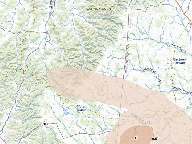 Radar-estimated hail-size map of the storm over Bradyville, TN on Aug 17, 2026