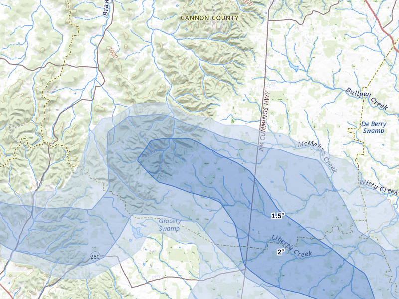 NEXRAD radar-signature map of the hail storm over Bradyville, TN on Aug 17, 2026