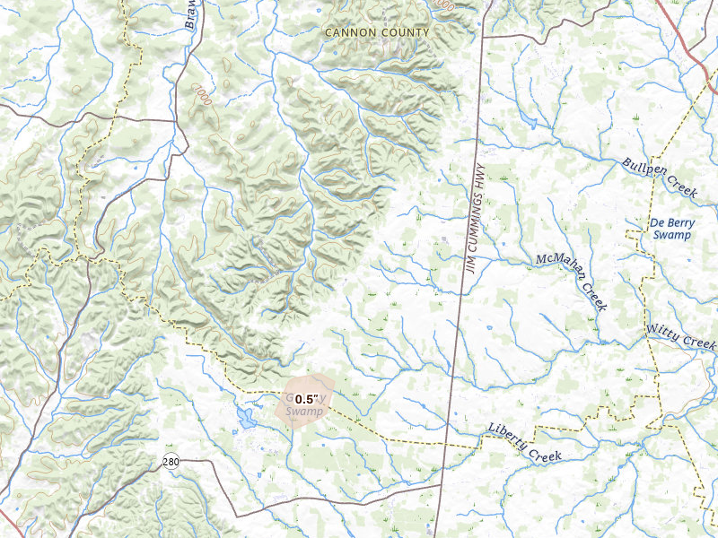 Radar-estimated hail-size map of the storm over Bradyville, TN on Aug 20, 2026