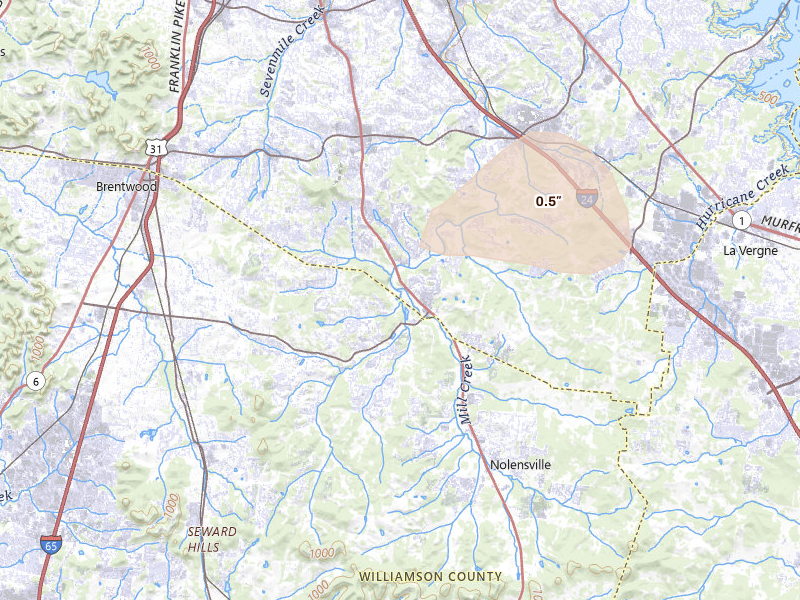 Radar-estimated hail-size map of the storm over Brentwood, TN on Apr 16, 2026