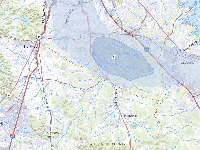 NEXRAD radar-signature map of the hail over Brentwood, TN