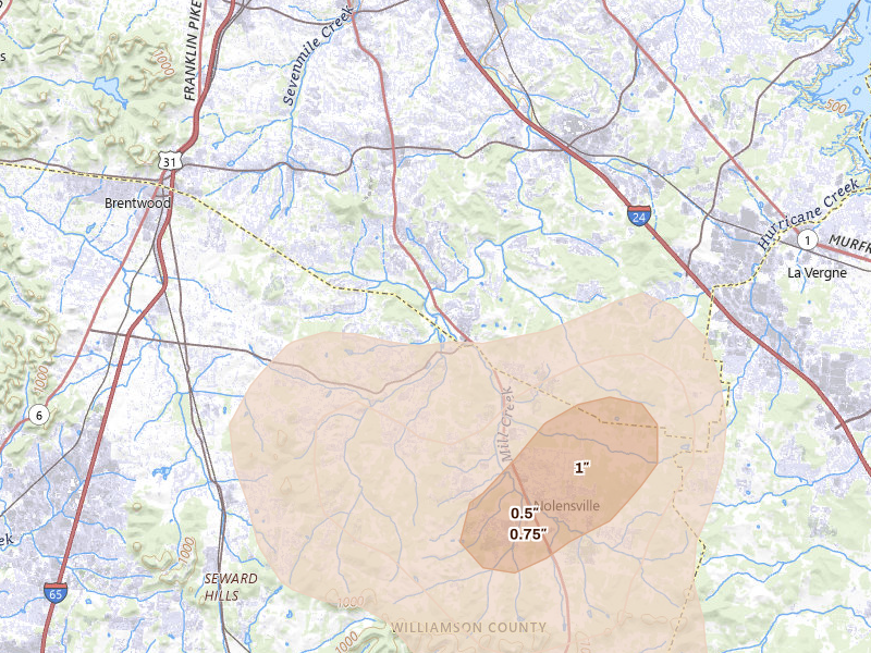 Radar-estimated hail-size map of the storm over Brentwood, TN on Jul 2, 2026
