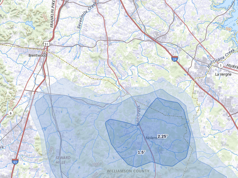 NEXRAD radar-signature map of the hail over Brentwood, TN