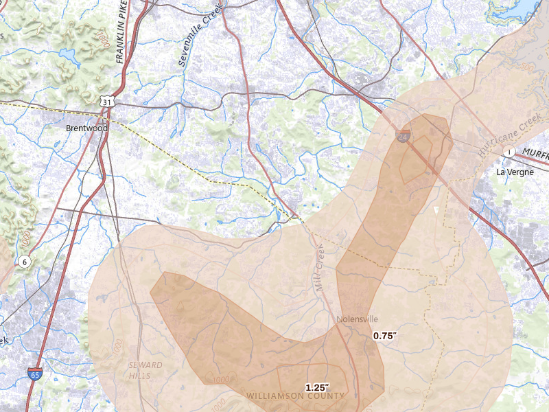 Radar-estimated hail-size map of the storm over Brentwood, TN on Jul 3, 2026